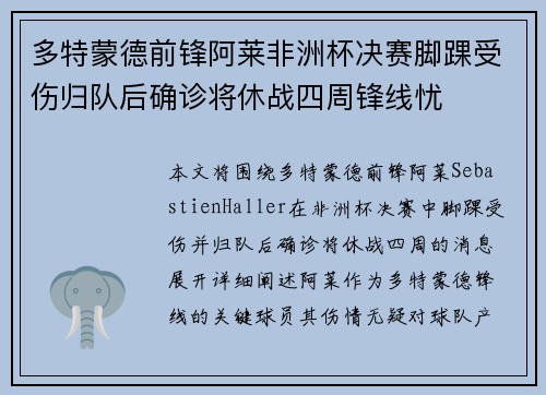 多特蒙德前锋阿莱非洲杯决赛脚踝受伤归队后确诊将休战四周锋线忧