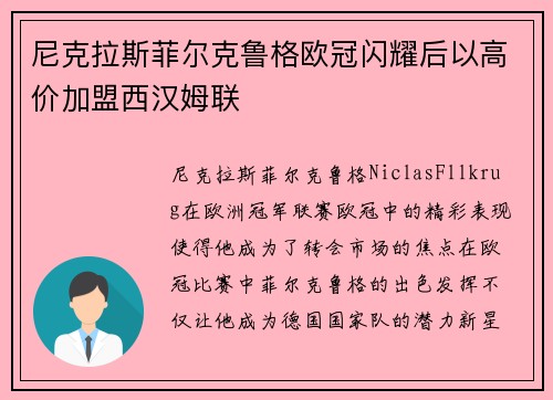 尼克拉斯菲尔克鲁格欧冠闪耀后以高价加盟西汉姆联